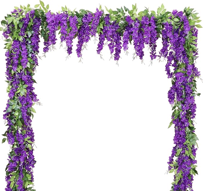 dallisten Wisteria Artificial Flowers Garland, 4Pcs 7.2Ft/Piece Silk Fake Wisteria Vine Kit, Hanging Flower for House Outdoor Garden Ceremony Outside Wedding Arch Floral Decor (4, Purple)