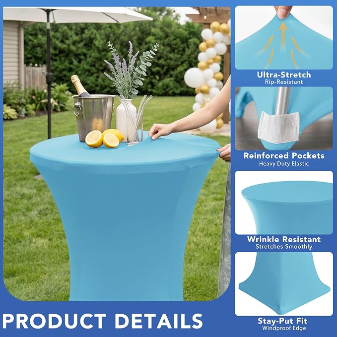 Cocktail Table Covers-Spandex Round High Top Table Cloths 6 Pack 32x43 Inch-Light Blue Stretch Fitted Bar Tall Tablecloth for Pub Bistro Highboy Party Banquet Height Folding Satnding Tables
