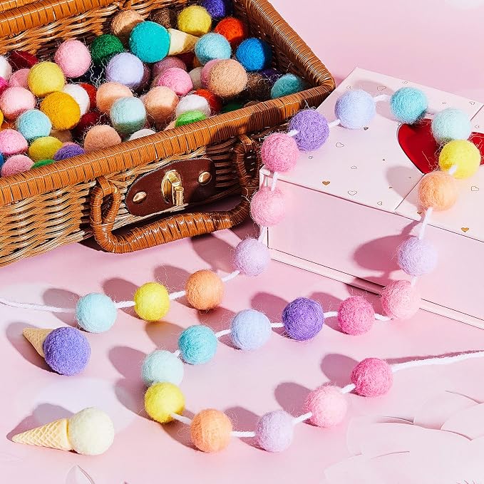 WILLBOND 3 Pieces Wool Felt Rainbow Ball Garland Colorful Pom Pom 6.5 ft Long 24 Ball Garland for Easter Mardi Gras Classroom Halloween Thanksgiving Xmas (Rainbow Colors)