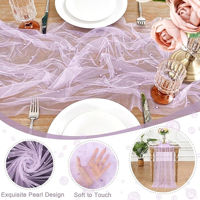 Sheer Gauze Pearl Table Runner Tulle Fabric: 10ft Seasonal Dessert Chiffon Pearl Lace Boho Overlay Wedding Veil Outdoor Wedding Aisle Runner Party Decorations Doilies Grayish Purple