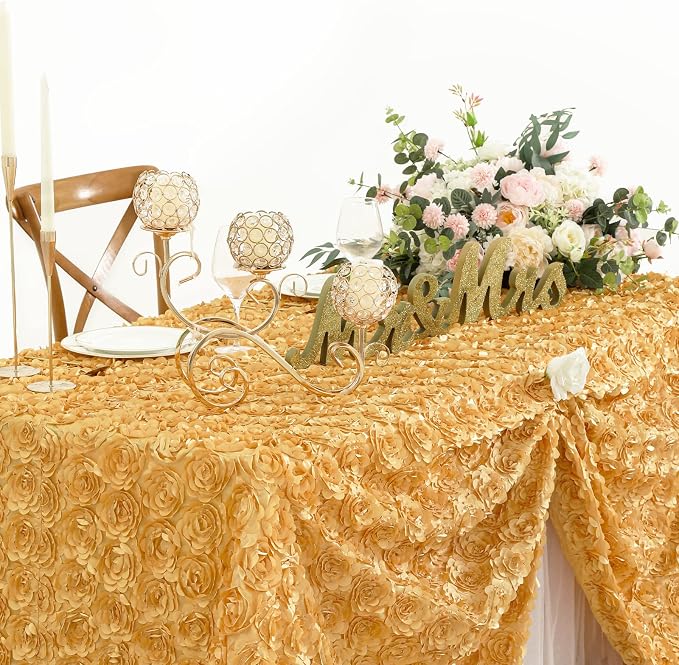 Fanqisi 3D Floral Satin Rectangular Tablecloth 90x132 Inches Gold Rosette Tablecloths for Wedding Party Baby Shower Dinner Table Top Decorations