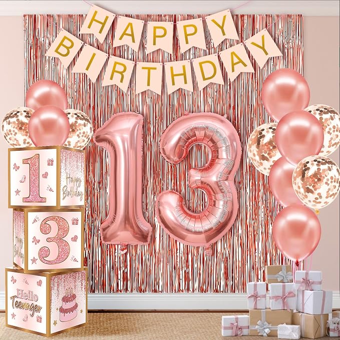13th Birthday Decorations for Girls,13 Year Old Boxes Decor for Girls Women Happy official 13th teenager Birthday Kits Pink Rose Gold Number 13 Foil Balloons Party Supplies Rose Gold Tassel Curtain