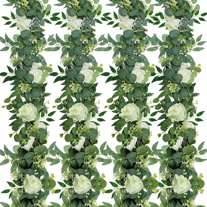 4 Packs 5.9 Ft Artificial Eucalyptus Willow Leaves Garland with Flowers Artificial Greenery White-Flowered Vines Fake Eucalyptus Flower Garland for Wedding Decoration Table Home Stairs Decor