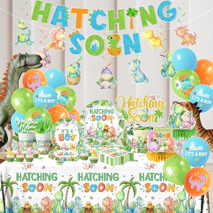 Dinosaur Baby Shower Decorations, Hatching Soon Party Ddecorations includes It's A Boy Plates Dinosaur Napkins and Balloons, Hatching Soon Dino Party Decorations for Boy Baby Shower, Serve 24