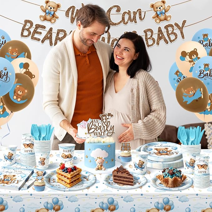 205 Pcs Blue Bear Baby Shower Decorations Boy - Serve 24, Baby Boy Party Supplies Set with Banner, Plates, Napkins, Tablecloth, Balloons, Swirls, Cake Toppers