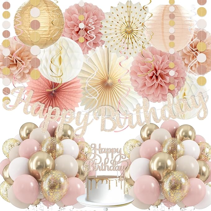 Boho-Pink Birthday Decorations, Happy Banner, Women Paper Lanterns Honeycomb, One Sweet Peach Streamers Garland, Retro Blush Pink Beige Metallic Gold Balloon for Birthdays Party Décor