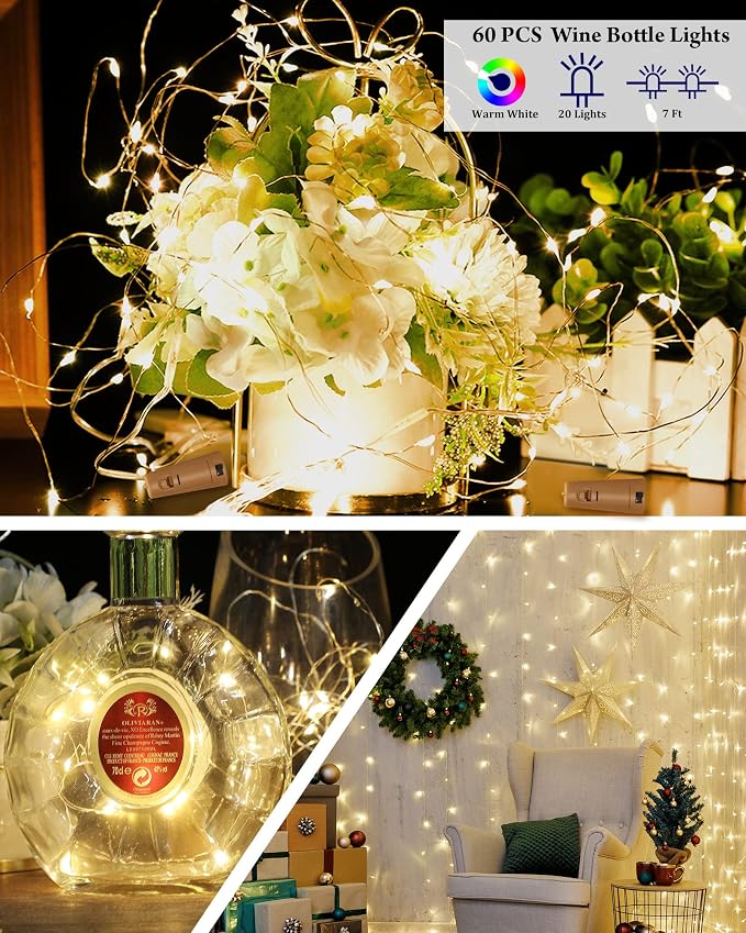 Hortsun 60 Pack Wine Bottle LED Lights with Cork Fairy Mini String Lights Battery Operated Mini Waterproof 7 ft Silver Wire 20 LED Cork Shape for Valentines, DIY, Party, Decor, Wedding (Warm White)