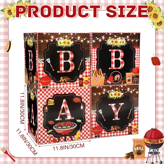 AmazingSpark 4 Pcs BBQ Baby Shower Boxes with Letters BBQ Candy Box Decor with Letters Blocks Newborn Birthday Shower Centerpiece for Party Backdrop