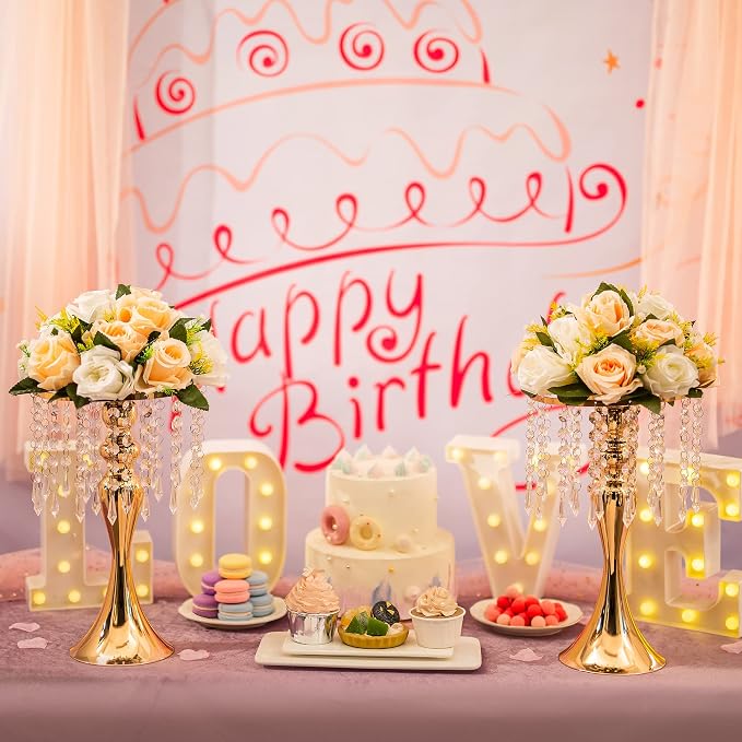 Gold Vase Stand Table: 13.8in Wedding Centerpieces, Set of 2 | High End Crystal Design Vase Stand for Wedding Party Reception Birthday Event Home, Tall Table Center Piece