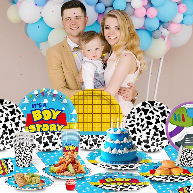 120pcs Toy Baby Shower Decorations Plates Napkins It's Boy Paper Cup Disposable Tableware Set Cartoon Baby Shower Party Kids For 30 Guests