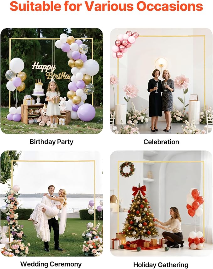 VEVOR Arch Backdrop Stand, 8 x 8 ft, Stable Structure, Easy Assembly, Square Gold Metal Arch Backdrop Stand for Wedding, Birthday Party, Graduation, Holiday Celebration, and Ceremony Decoration