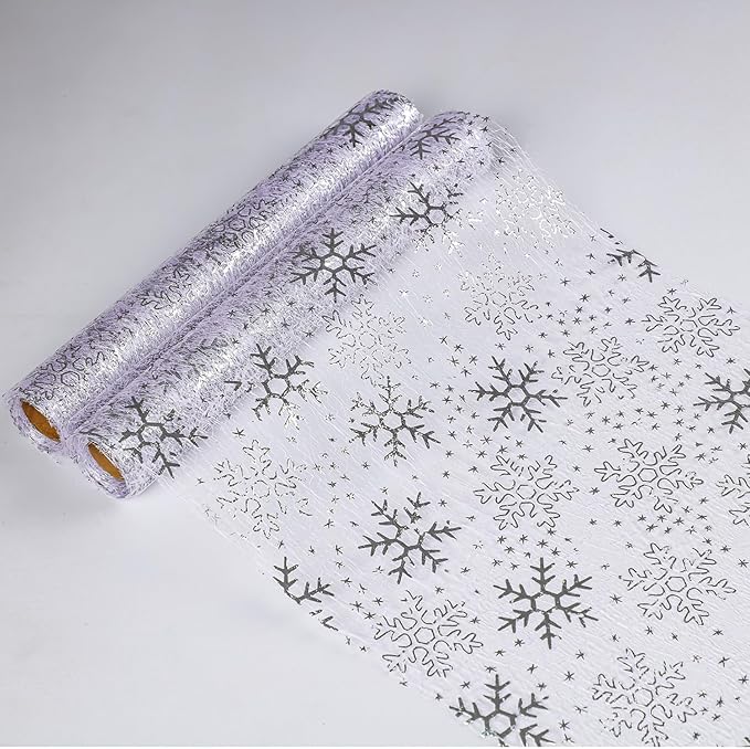 Snowkingdom 2 Pcs Christmas Snowflake Silver Table Runner 108 Inch Sparkly Silver Glitter Metallic Runners Decorations for Seasonal Winter Festival Holiday Home Party