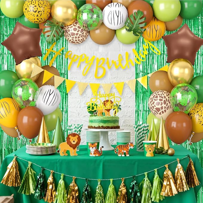 Jungle Safari Birthday Decorations for Boys, Green Brown Animal Print Latex Balloons with Happy Birthday Banner Cake Topper Fringe Curtain Palm Leaves for Kids Woodland Themed Party Decor