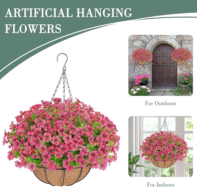 AGIRL Artificial Hanging Flowers with Baskets for Outdoors,UV Resistant Fake Hanging Plants for Outdoor Porch Patio Garden, Realistic Silk Flowers for Spring Summer Home Decor(Rose Red)