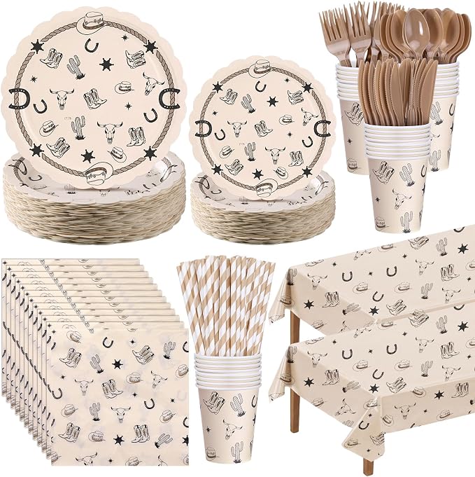 Vesici 452 Pcs Cowboy Party Supplies Tableware Set for 50 Guests Western Paper Plates Napkins Plastic Tablecloth Cups Cutlery Straws Wild West Rodeo Theme Birthday Baby Shower Bachelorette Party Decor