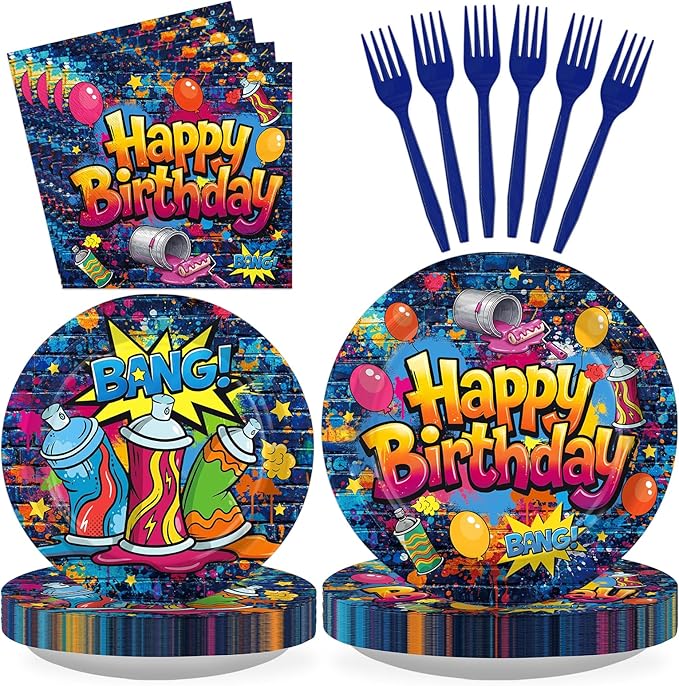 96 Pcs Graffiti Birthday Party Supplies Hip Hop Retro Graffiti Plates and Napkins Colorful Paint Splatter Tableware Set for Boys Girls Birthday Retro Paint Party Supplies, Serves 24