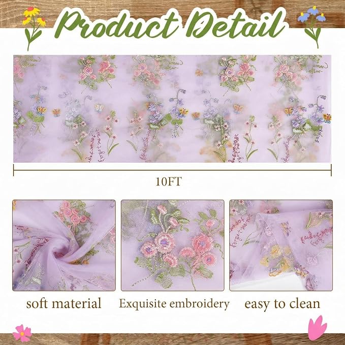Purple Floral Table Runner 10ft Embroidery Tulle Spring Wildflower Gauze Table Runner Seasonal Summer Butterfly Kitchen Dining Decoration for Wedding Baby Shower Birthday Party (1 Pcs)