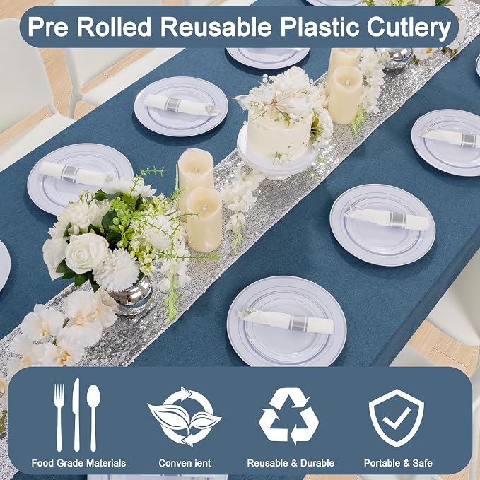 EI 60Pack Pre Rolled Silver Plastic Silverware Disposable Rolled Cutlery with Napkins,Sliver Plastic Wrapped Silverware Disposable Heavy Duty Perfect for Tea Party,Wedding,Spring,Valentine's Day