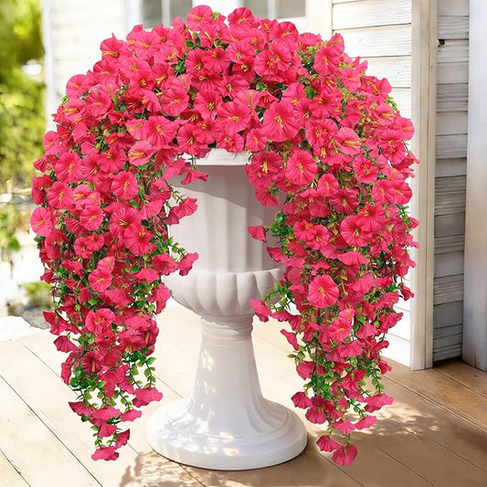 Artificial Hanging Flowers for Outdoors, 2 PCS 300 Blooms UV Resistant Morning Glory Faux Silk Vines, No-Odor Realistic Fake Plants for Garden Planter Porch Patio Decoration, Lotus