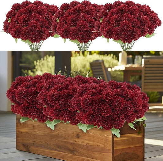 12 Bundle Artificial Mums Flowers for Outdoor Spring Decoration,Faux Ball Chrysanthemums Bouquet Fake Silk Flower for Vase Easter Table Floral Arrangement Wedding Home Decor(12, Burgundy)