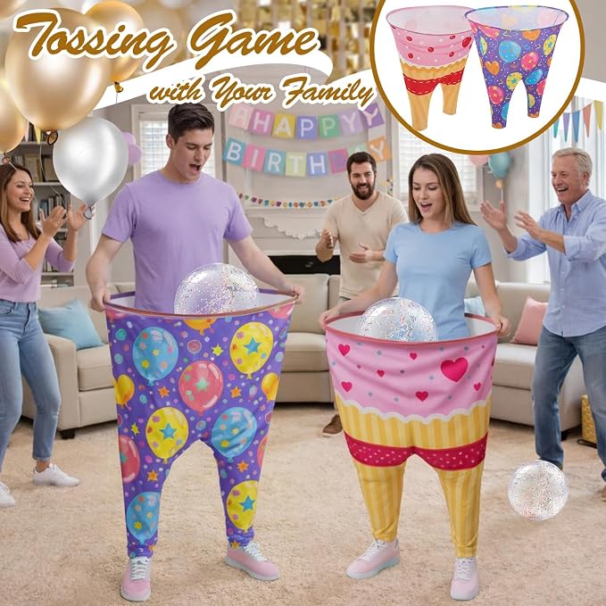 11 Pcs Birthday Granny Pants Set, 2 Giant Inflatable Pants with 1 Pump 6 Bouncy Balls & 2 Birthday Glasses, Outdoor Tossing Party Activity for Adults & Family Gatherings