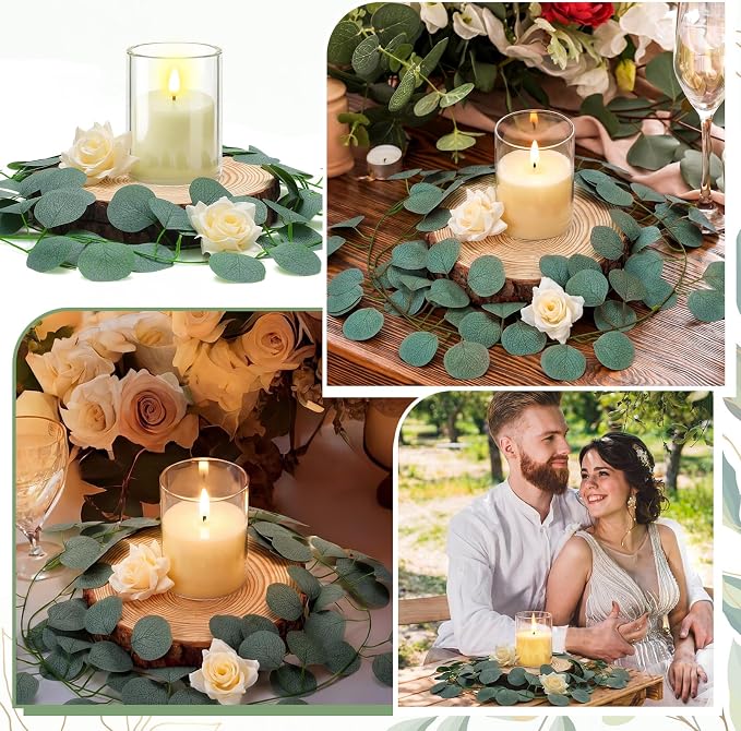 VIHOSE 60 Pcs Wooden Wedding Candle Centerpiece Includes 6.3"-7.1" Round Wood Slices, Eucalyptus Garlands, Flameless LED Candles and Artificial Roses for Wedding Country Farmhouse Table Decor, 12 Sets