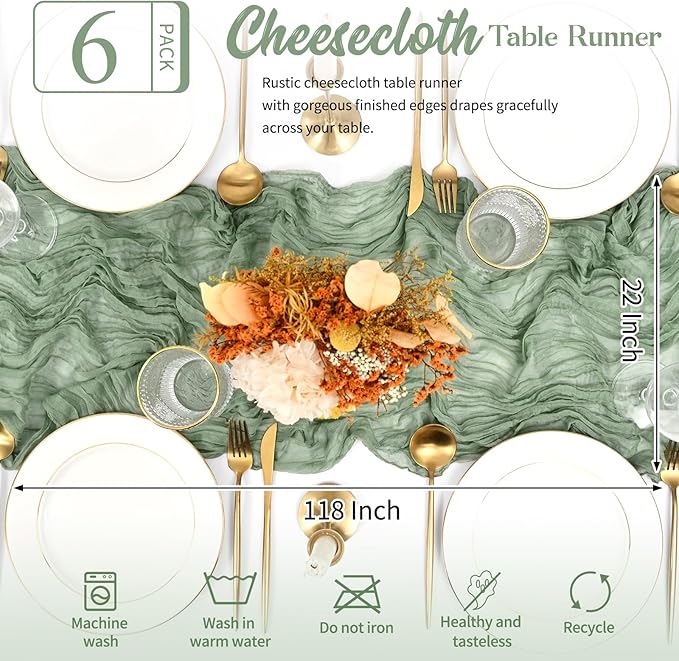 6 Pack Sage Green Table Runner 10FT Long Cheesecloth Table Runner Cheese Cloth Gauze for Wedding Party Birthday Decoration-Sage Green