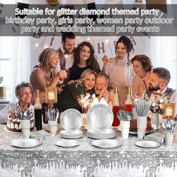Funnymoom 452 Pcs Silver Birthday Party Decorations Include Diamonds Silver Glitter Paper Plates and Napkins Cups Tablecloth Cutlery Straws Disposable Tableware Set for Birthday Supplies