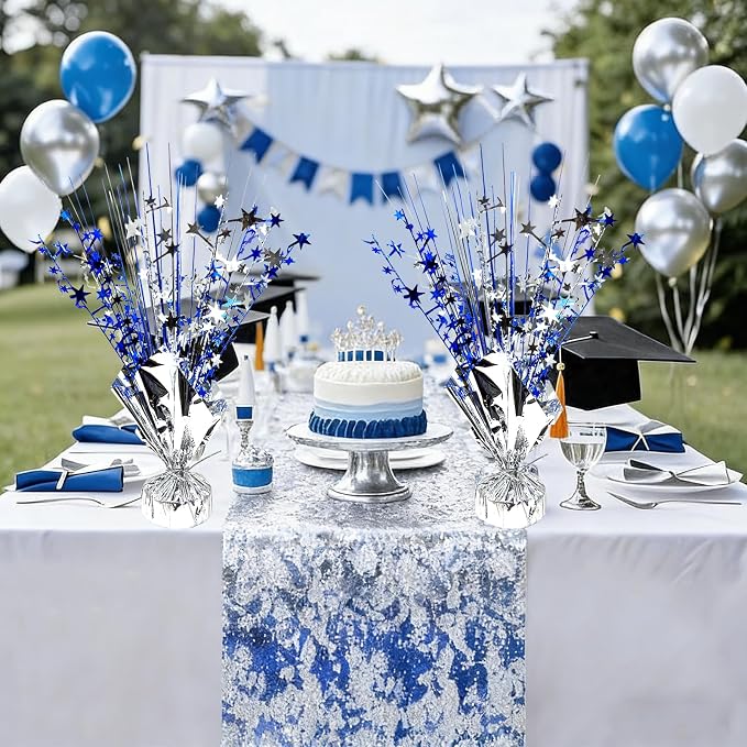 6 Pack Metallic Foil Spray Table Centerpiece Decoration Star Brust Glitter Table Topper Decor for Birthday Graduation Holiday Christmas New Year's Eve Celebration Party Supplies Blue Silver