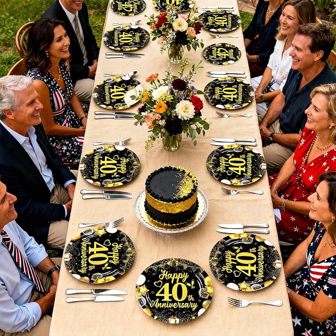 96Pcs 40th Wedding Anniversary Party Supplies Happy 40 Years Anniversary Plates and Napkins Black Gold Wedding Tableware Set for Cheers to 40 Years Party Supplies Serves 24