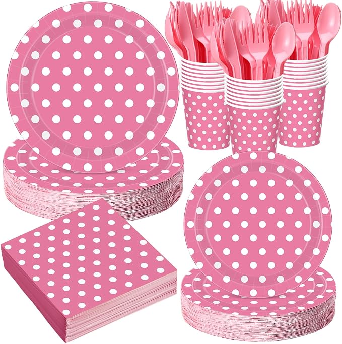 Funnymoom 400 Pcs Pink Polka Dot Party Supplies for 50 Guests White Polka Dot Paper Plates and Napkins Knives Spoon Fork Cup Set Cutlery for Birthday Wedding Bridal Shower Pink Girl