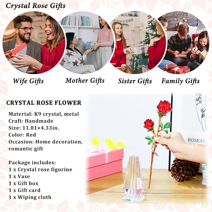 Arikyrist Red Rose Flower Crystal Figurine with Vase, Handmade Bouquet Glass Flowers Ornament Rose Gifts for Wife Girlfriend Women, Crystal Flower Home Table Decor for Valentine Anniversary