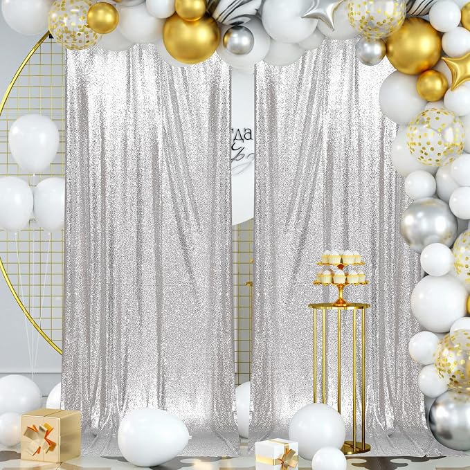 PartyDelight Silver Sequin Backdrop 5x10ft 2 Panels 4 Inch Rod Pocket | Dense 3mm silver sequins on mesh backing with 4 inch rod pocket for wide reception walls head tables stages and layered event