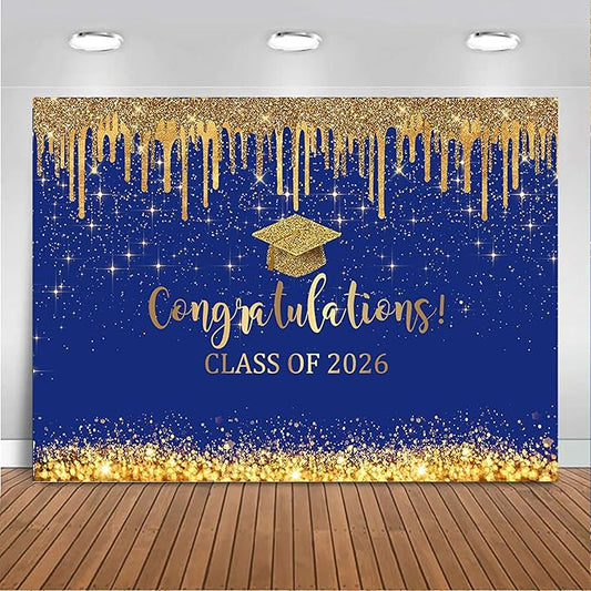Mocsicka 7x5ft Blue and Gold 2026 Graduation Backdrop Glitter Background Class of 2026 Graduation Decorations Congratulations Grad Prom Banner Photo Booth