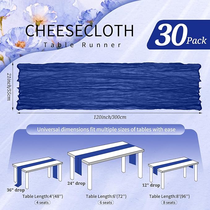 30 Pack Cheesecloth Table Runner 10FT Royal Blue Table Runner Boho Gauze Cheese Cloth Table Runners Long Rustic Sheer Table Decorations for Wedding Party Baby Bridal Shower Birthday Holiday Home