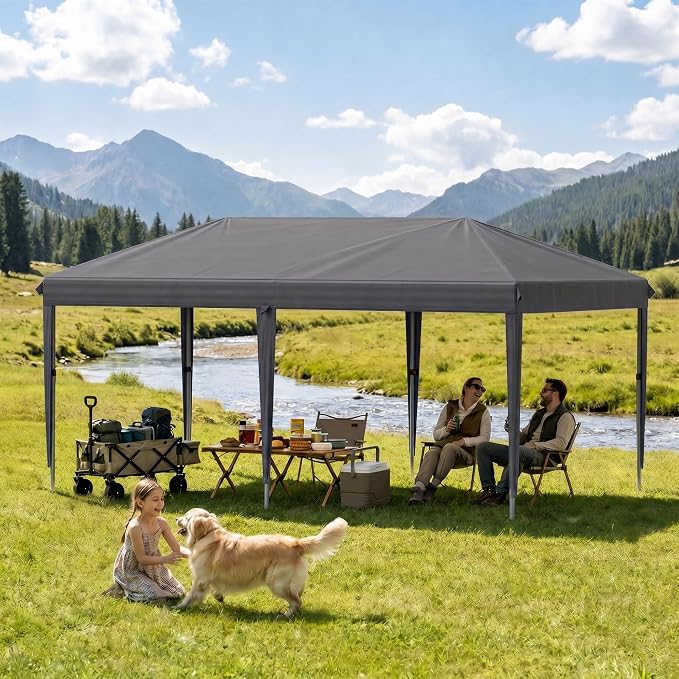 10x20 FT Portable Pop Up Canopy Tent with Sandbags, Adjustable Height Instant Gazebo Without Sidewalls,Waterproof Outdoor Canopy for Camping, Parties, Vendor Events (Grey, 3m × 6m Without sidewalls)