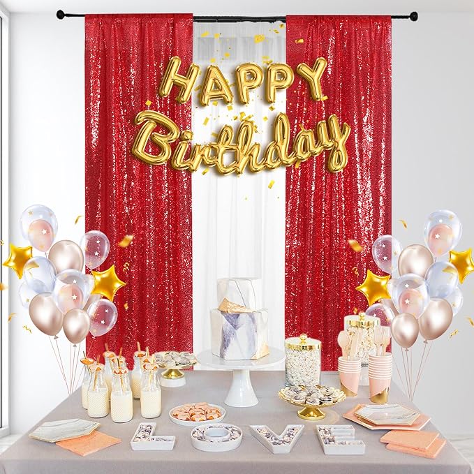 PartyDelight Red Sequin Backdrop Curtains 2x8ft 2 Panels | 3mm stitched sequin curtain with 4 inch rod pocket for 2x8ft 2 panel doorway window side drape narrow photo booth strip