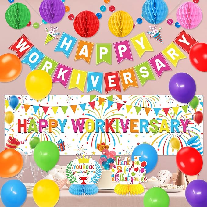 Holkcog Happy Workiversary Decorations for Coworker, Colorful Happy Workiversary Banner Honeycomb Ornament and Balls、Colorful Balloons Decor Set for Work Anniversary Employee Office Party Supplies