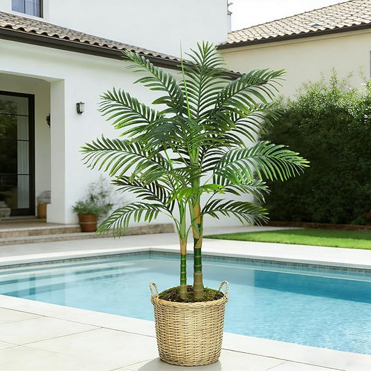 Artificial Palm Tree Indoor Plant Tall Fake Tropical Palm Tree in Pot with Real Bark Design Faux Areca Palm Tree for Home Office Living Room Bedroom Farmhouse Modern Outdoor Decor (13 Leaves 4 FT)