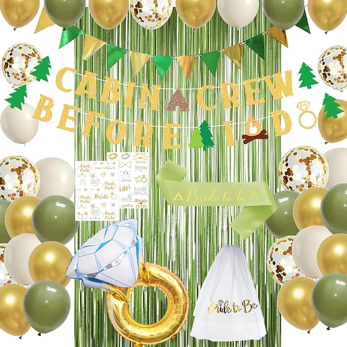 Roetyce Camp Bachelorette Party Decorations, Green Bride To Be Sash Veil Fringe Curtain, Cabin Crew Before I Do Banner Balloons Temporary Tattoos Kit, Camping Themed Bridal Shower Wedding Decorations