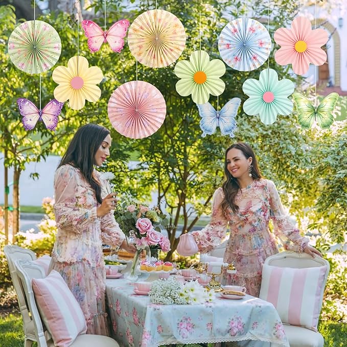 Spring Flower Decorations Pastel Paper Flower Butterfly Decoration Spring Garden Hanging Flower Paper Fans Butterfly Party Decorations for Wall Office Classroom Women Birthday Baby Shower Easter