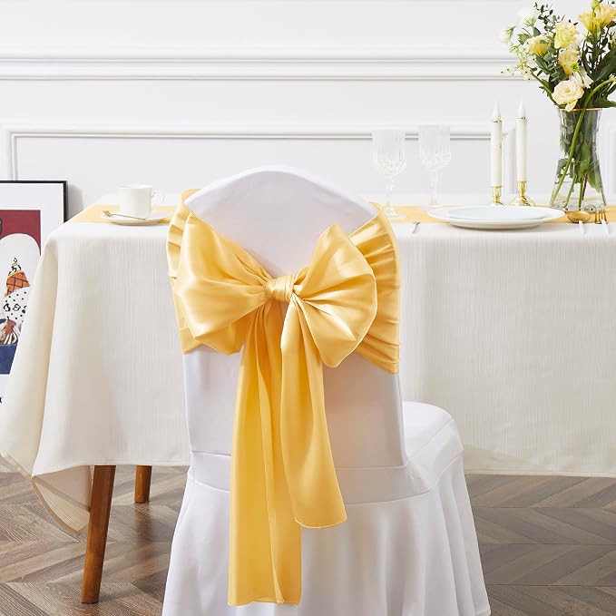 50 Pcs Gold Satin Chair Sashes Bows Universal Chair Cover for Wedding Reception Events Banquets Party, Hotel Event Decorations, 6 x 108 inch
