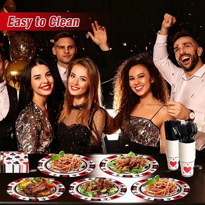 400 Pcs Disposable Casino Tableware Set for 50 Guests | Heavy-Duty 7" & 9" Paper Plates, Cups, 13" Napkins & Plastic Cutlery for Casino Night Vegas Game Night Poker Party Supplies