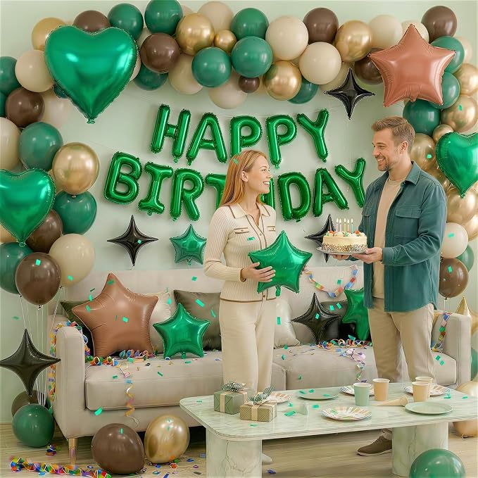 Green and Brown Birthday Decorations Dark Forest Green Safari Camo Army Brown Coffee Gold Sand Nude Balloons Happy Birthday Banner Heart Balloons 18/10 Inch Star Balloon for Boys Bday Party Supplies