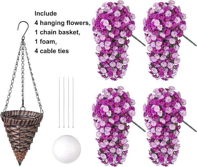 Artificial Fake Flowers Plants Hanging Baskets Outdoor Outside Spring Decor, Faux Silk Light Fuchsia and Fuchsia UV Resistant Look Real Morning Glory Home Patio Porch Balcony Decoration