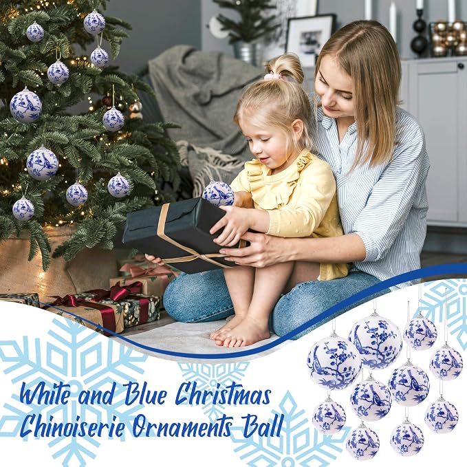 10 Pcs Chinoiserie Ornaments Ball White Blue Hanging Christmas Plastics Ball Decoration DIY Party Xmas Tree House Holiday Wedding Party Garden Baubles Decor