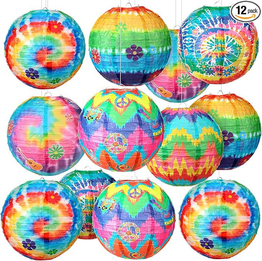 Panelee 12 Pcs Tie Dye Party Decorations Paper Lanterns 8 Inch Hanging Round Hanging Paper Party Decorations for Holiday Indoor Outdoor Supply
