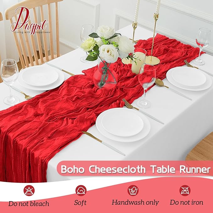 16Pack Red Table Runner 10FT Red Cheesecloth Table Runner 35x120Inch Long Boho Cheese Cloth Table Runners Rustic Gauze Table Runners for Party Wedding Bridal Baby Shower Table Decor