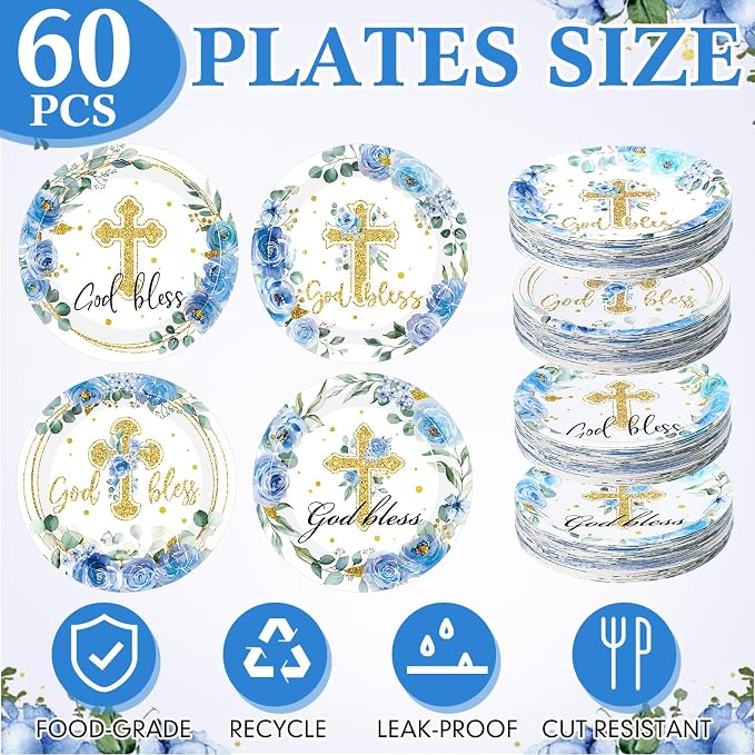 Funnymoom 60 Pcs Baptism Plates 9 Inch Blue God Bless Floral Plates Disposable Religious Party Decoration for First Communion Christening Celebration Baby Shower Religious Party Supplies