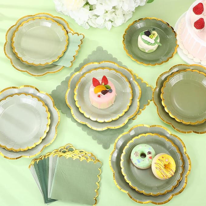 144 Pcs 48 Guests Sage Green Paper Plates and Napkins Green Birthday Party Decorations Disposable Tableware 9 Inch 7 Inch Gradient Scalloped Edge Plates for Baby Shower Wedding Bridal